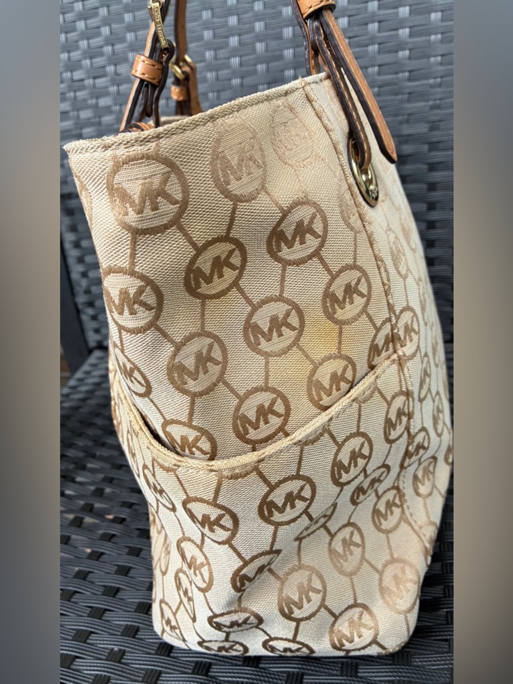Michael Kors Tan Beige MK Logo Canvas Tote with Leather Straps - Picture 12 of 16